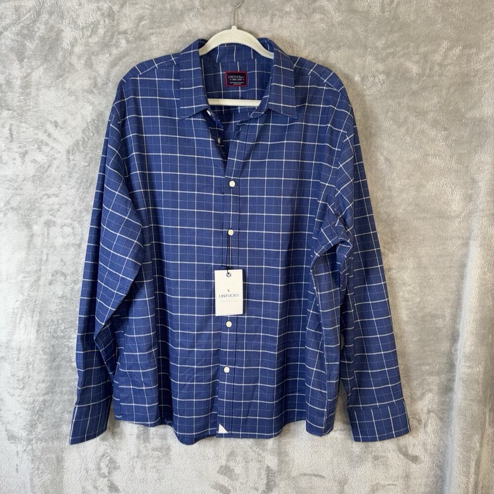 UNTUCKit Shirt Mens 3XL Blue Otranto Windowpane Button Up Stretch Woven Camp NWT